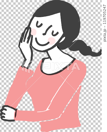 A smiling woman leaning on her hand and thinking. 119705247