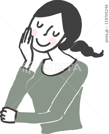 頬杖をつき考え事をする笑顔の女性。 頬杖をつき考え事をする笑顔の女性。 119705248