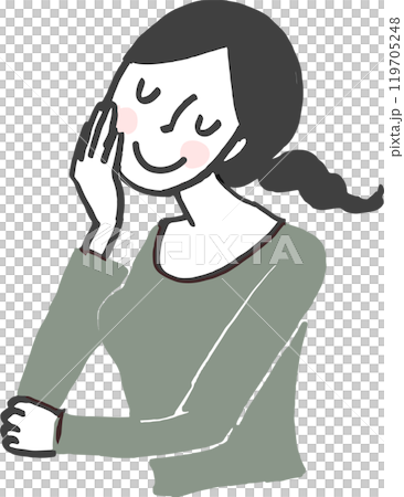 A smiling woman leaning on her hand and thinking. 119705248