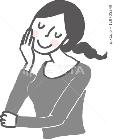 頬杖をつき考え事をする笑顔の女性。 頬杖をつき考え事をする笑顔の女性。 119705249