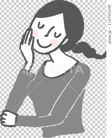 頬杖をつき考え事をする笑顔の女性。 頬杖をつき考え事をする笑顔の女性。 119705249