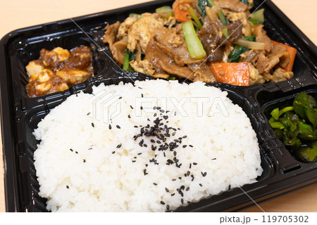 おいしい中華弁当、豚肉と野菜の卵炒め弁当 おいしい中華弁当、豚肉と野菜の卵炒め弁当 119705302