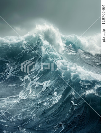 The dramatic dance of turbulent ocean waves captured under the dark, brooding canvas of a stormy sky. 119705464