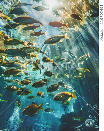 A vibrant underwater scene with a school of fish swimming amidst sunbeams filtering through the water's surface. 119705491
