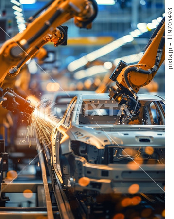 Robotic arms working on the assembly of a car's...のイラスト素材 [119705493 ...