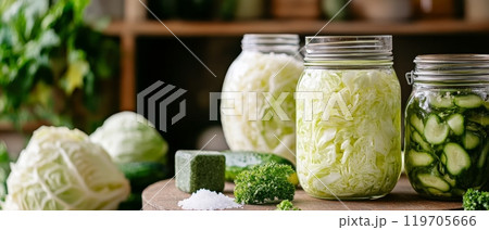 Assorted pickled vegetables in glass jars, highlighting the art of preservation and homemade goodness Assorted pickled vegetables in glass jars, highlighting the art of preservation and homemade goodness 119705666