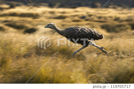 A Kelenken terror bird stealthily stalks its prey through the shimmering, golden grasses, its sharp talons and piercing gaze focused on the hunt in this primeval, untamed landscape A Kelenken terror bird stealthily stalks its prey through the shimmering, golden grasses, its sharp talons and piercing gaze focused on the hunt in this primeval, untamed landscape 119705717