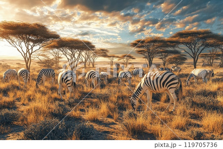 A herd of quaggas cautiously navigate the rocky, uneven terrain of the savanna, their distinctive striped coats and powerful frames adapted to the challenging environment A herd of quaggas cautiously navigate the rocky, uneven terrain of the savanna, their distinctive striped coats and powerful frames adapted to the challenging environment 119705736