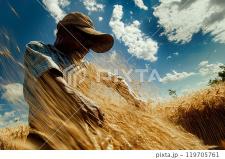 A farmer threshing wheat in a golden field under a vibrant blue sky with white clouds, showcasing the dynamic motion of grain harvest 119705761