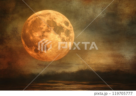 A massive supermoon rises over a darkened landscape, its golden glow reflecting off water and illuminating a textured, moody sky 119705777