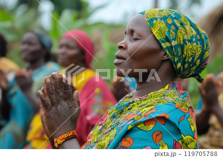 A close-up of an African woman with eyes closed and hands clasped in prayer, wearing colorful traditional clothing and headwrap 119705788