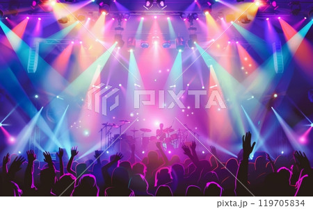 A concert stage bathed in neon lights, with a silhouette of a drummer against a crowd of raised hands. A concert stage bathed in neon lights, with a silhouette of a drummer against a crowd of raised hands. 119705834