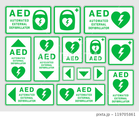 AED emergency defibrillator icon sign symbol. First aid Automated external defibrillator. Vector illustration. Isolated on white background. 119705861