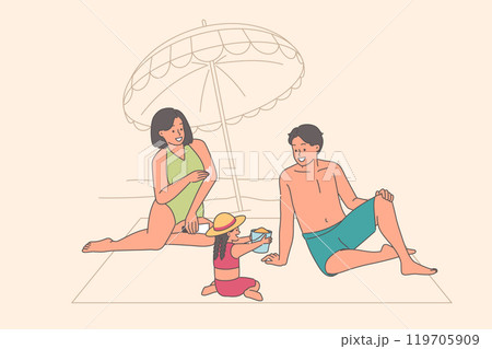 Beach family vacation for man with woman and little daughter vacationing on sunny sea coast 119705909
