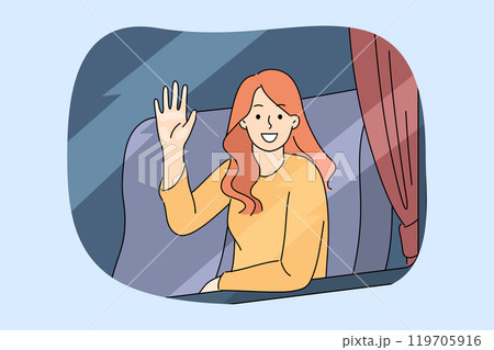 Woman train passenger waves hand in greeting and looks out window, saying goodbye to boyfriend Woman train passenger waves hand in greeting and looks out window, saying goodbye to boyfriend 119705916