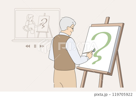 Elderly man artist draws picture using advice from online lesson, developing own creative potential Elderly man artist draws picture using advice from online lesson, developing own creative potential 119705922