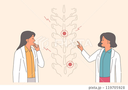 Injured spine is examined by two doctors, discussing possibility of using alternative medicine Injured spine is examined by two doctors, discussing possibility of using alternative medicine 119705928