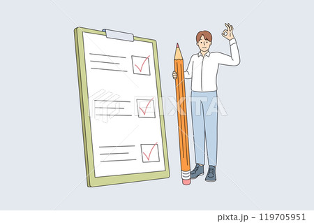 List for task management and giant pencil next to man ticking checkboxes on sheet of paper 119705951