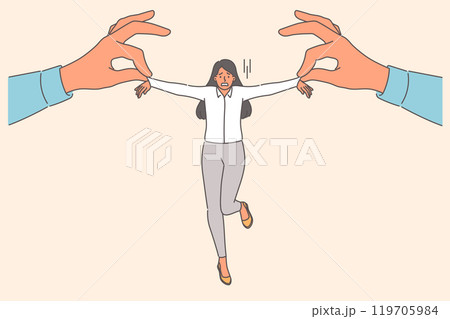 Pressure on business woman from person pulling to side, demanding that plan be carried out 119705984