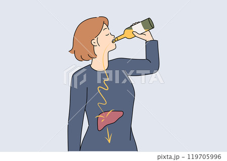 Problem of female alcoholism is girl who drinks beer, which destroys liver and is harmful to health 119705996