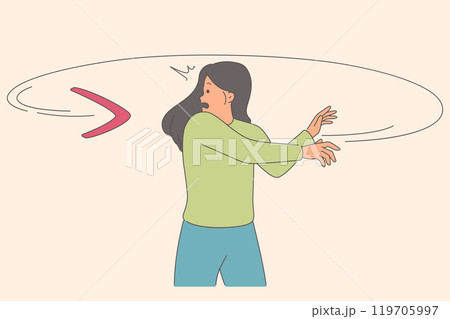 Boomerang overtakes woman, symbolizing karma that haunts people who have committed evil action Boomerang overtakes woman, symbolizing karma that haunts people who have committed evil action 119705997