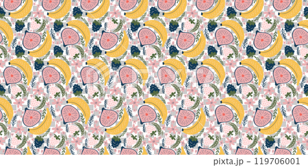 Cheery seamless pattern showcasing bananas, figs, blackberries, white strawberries, pink flowers, and green leaves. Crafted in a contemporary, organic vector style with flat hues, exuding a playful 119706001