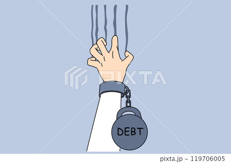 Hand man with large distances scratching wall trying to escape from bankruptcy, with credit weight 119706005