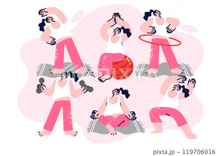 Woman does fitness and gymnastics, doing exercises after waking up on yoga or meditation mat 119706016