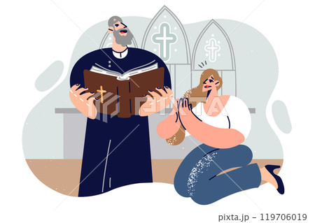 Woman prays on knees in church, next to priest reading bible and hearing sinner in confession Woman prays on knees in church, next to priest reading bible and hearing sinner in confession 119706019