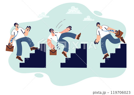 Business man climbs up career ladder and falls down or reaches goal in professional growth 119706023