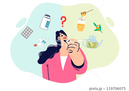 Woman with influenza is considering treatment with traditional methods or pharmacological drugs Woman with influenza is considering treatment with traditional methods or pharmacological drugs 119706075
