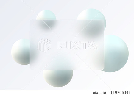Glass morphism landing page. Template of transparent plate with white spheres on light background. 119706341