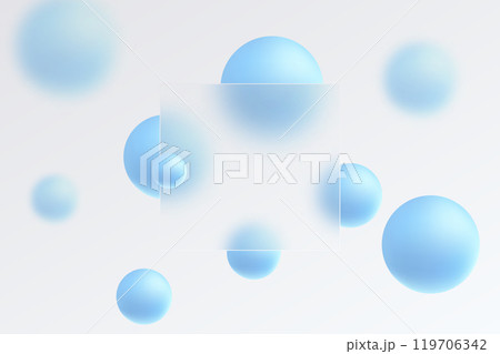 Glass morphism website landing page template. Frosted glass partition with floating blue spheres. 119706342