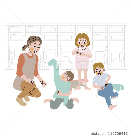 子どもの着替えを見守る保育士 子どもの着替えを見守る保育士 119706418