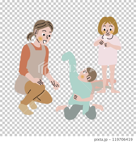 托兒所老師在照顧孩子換衣服 托兒所老師在照顧孩子換衣服 119706419