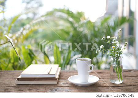 tall White coffee cup on wooden tray and notebook with plant on wooden table under sunlight in the garden 119706549