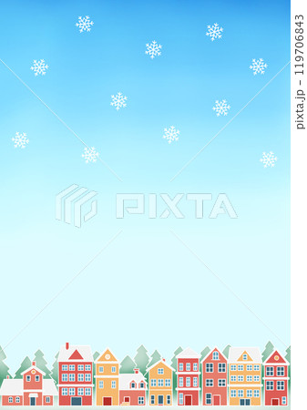雪が降る青空の街並みのイラスト 119706843