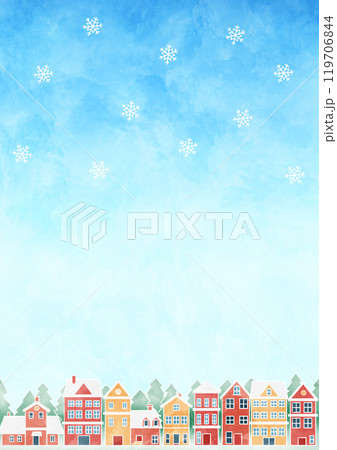 雪が降る青空の街並み　水彩イラスト 119706844