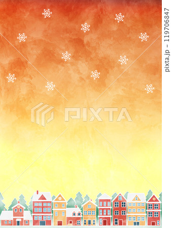 雪が降る夕焼けの街並み　水彩イラスト 119706847