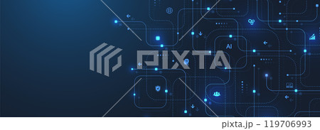 Abstract digital AI circuit board background with tech icons. Digital technology motherboard texture design. Engineering circuit board concept for poster, header, banner, website, presentation 119706993