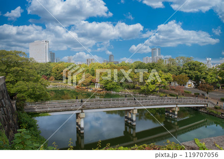 大阪城公園の極楽橋とオフィスビル 大阪城公園の極楽橋とオフィスビル 119707056