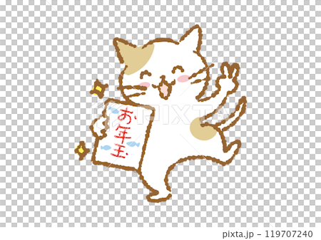 Illustration of a cat making a peace sign with a New Year's gift 119707240