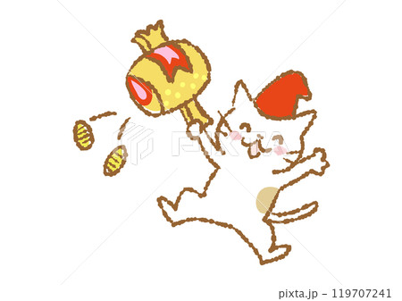 打ち出の小槌から小判を出す猫のイラスト 119707241