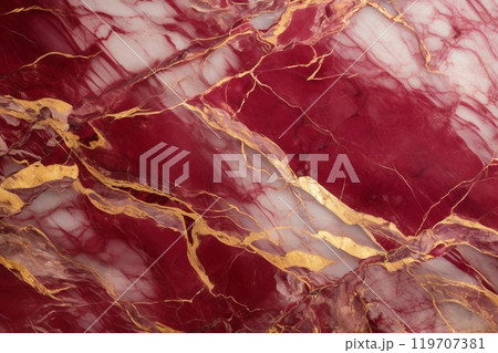 抽象背景。白と赤と金色のマーブル模様の壁の表面のクローズアップ。AI生成画像 119707381