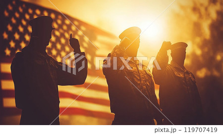 アメリカ国旗を背に敬礼する兵士たち 119707419