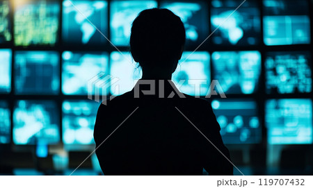 管制室でデータ画面を観察する女性 119707432
