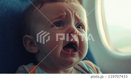 飛行機内で泣く赤ちゃん 119707433