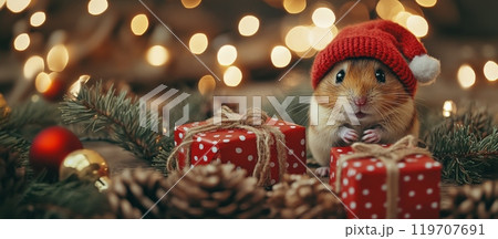A hamster in red hat, sitting near tiny gifts and pine branches. Wide Christmas banner, copy space 119707691