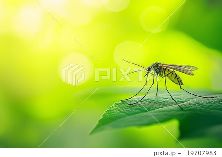 Close-up of a mosquito on a leaf against a vibrant green background Close-up of a mosquito on a leaf against a vibrant green background 119707983