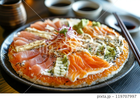 Vibrant sushi pizza fusion with fresh salmon, tuna, and vegetables 119707997